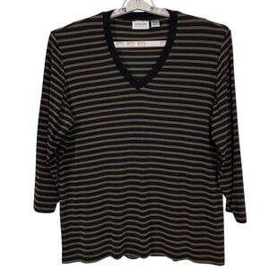Chicos Travelers Slinky Striped Top V-Neck Knit Long Slv Black Green Size 3 XL